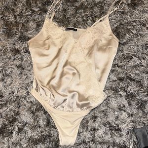 Abercrombie and Fitch Ivory Satin Lace Thong Bodysuit